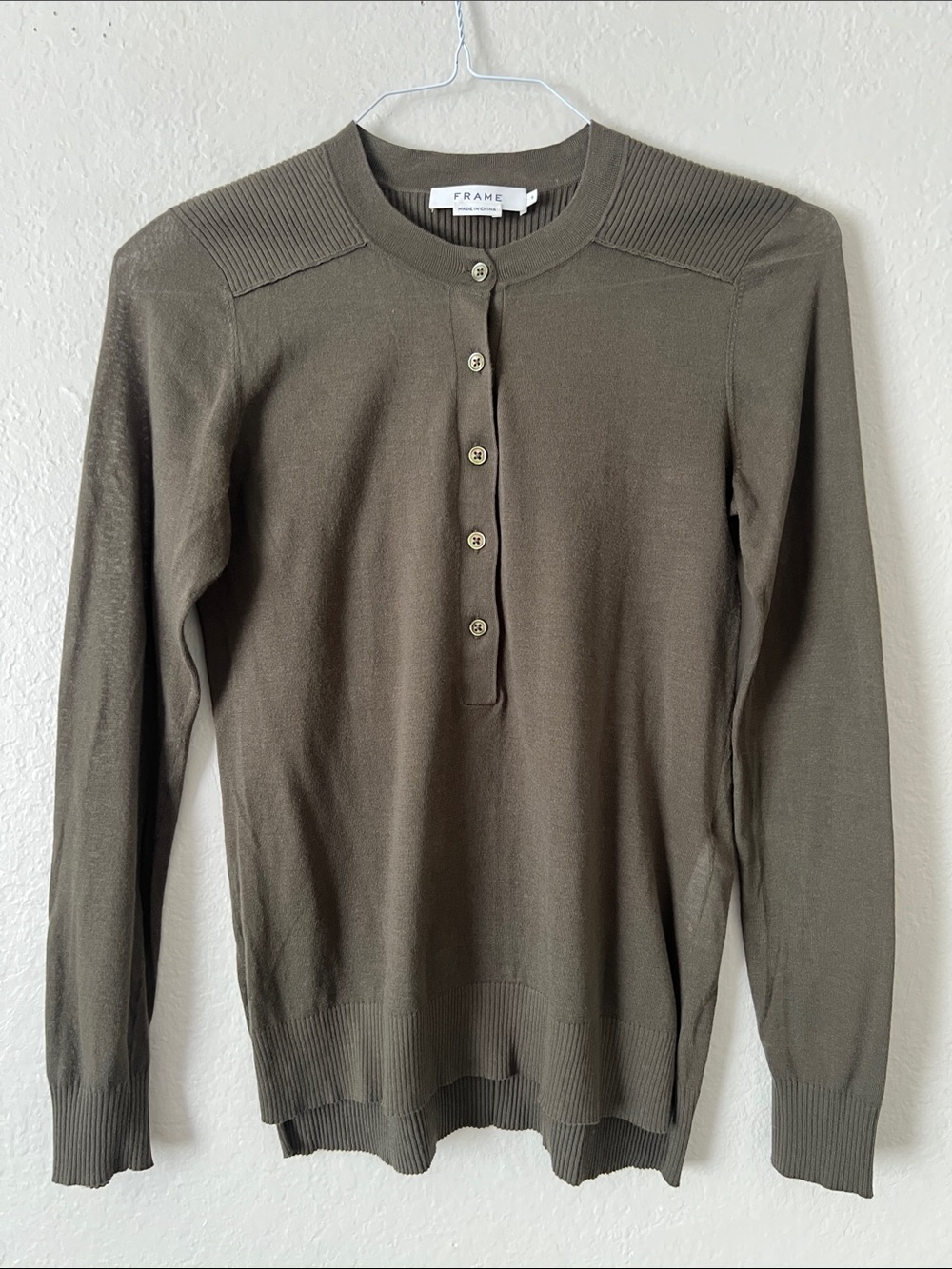 EUC Frame Denim Henley Crewneck Long Sleeve Top 100% cotton Dark Army S